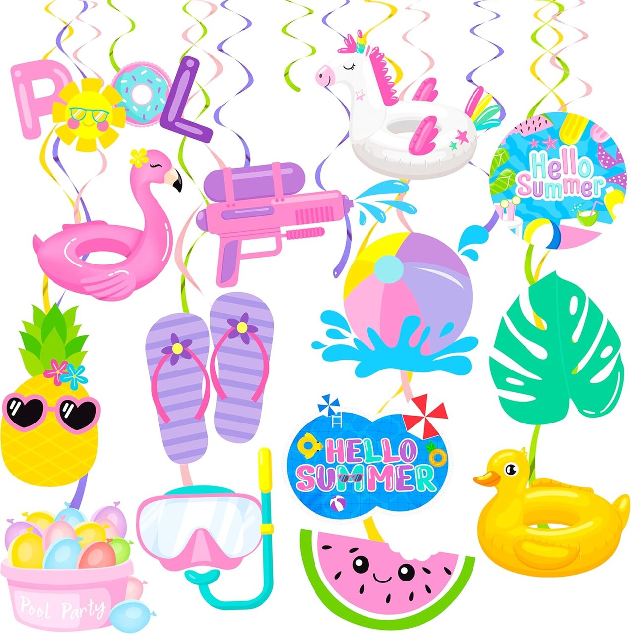 20PCS Pool Party Hanging Swirls Decorations – Summer Beach Ceiling Decor for Birthday, Hawaiian Luau, Hello Summer & Tropical Party Supplies